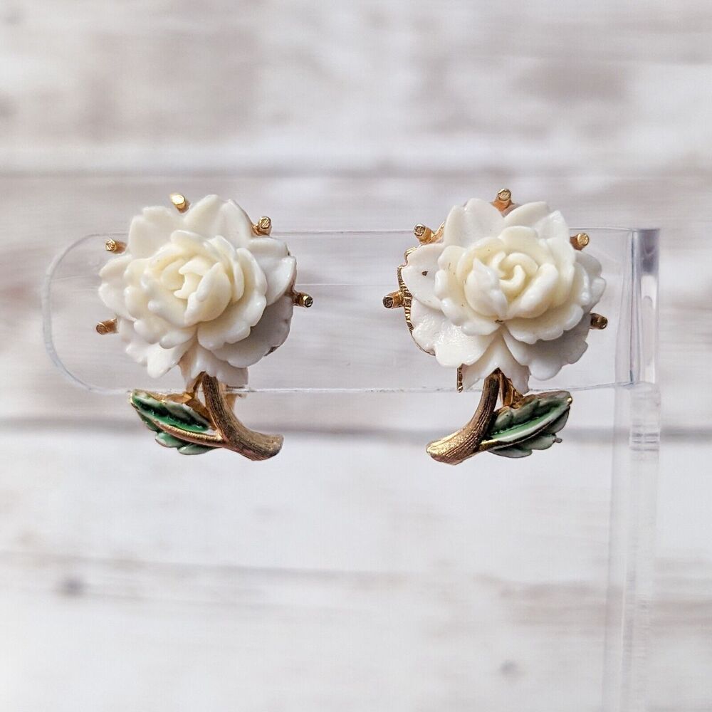 Vintage Clip On Earrings - Cream Flower Earrings Statement 1"